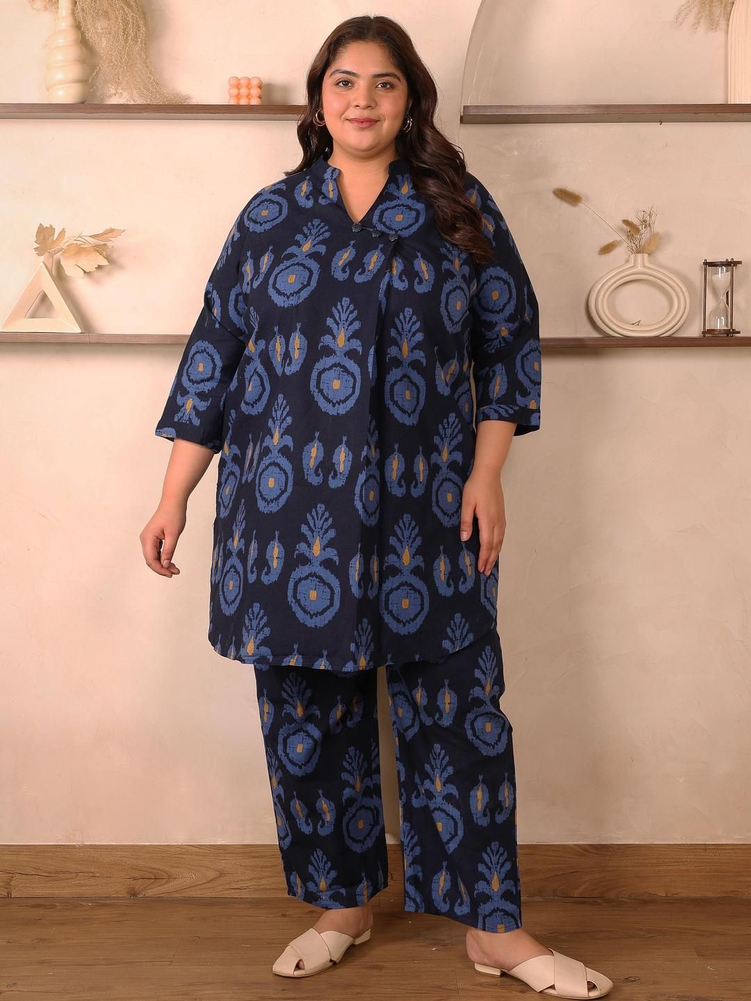 Indigo Blue Cotton Print Plus Size Co Ord Set — view 1