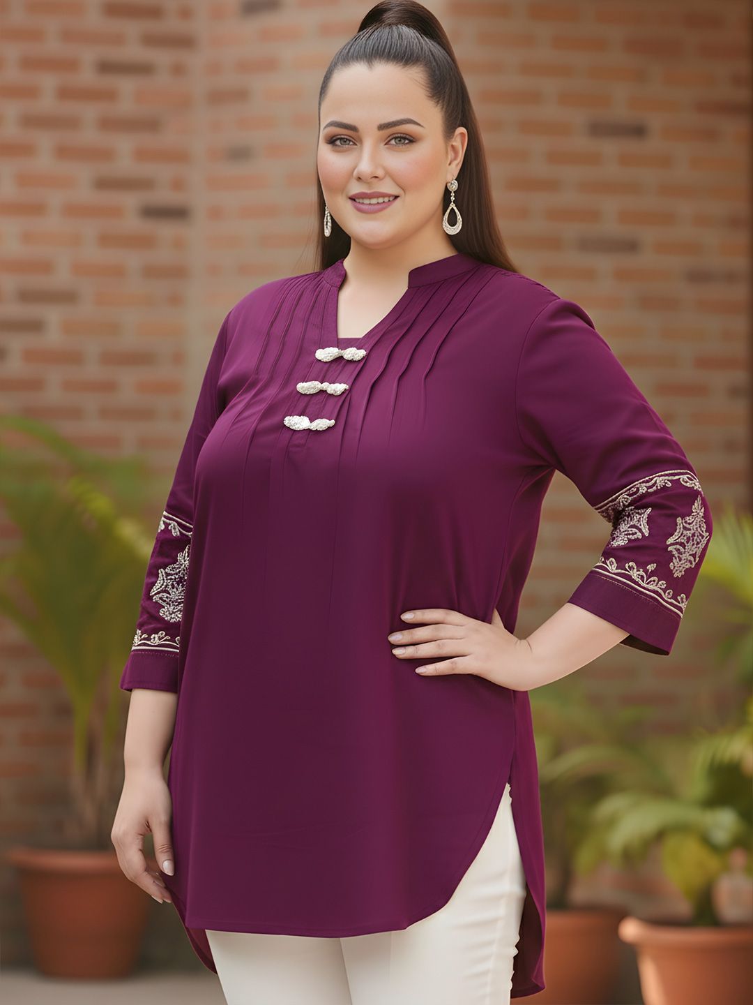 Burgundy Cotton Embroidered Tunic — view 4