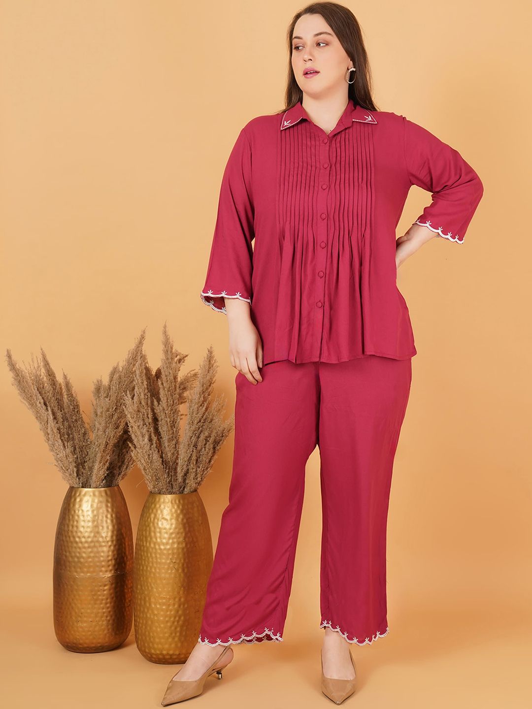 Red Rayon Collar Embroidered Co Ord Set — view 1