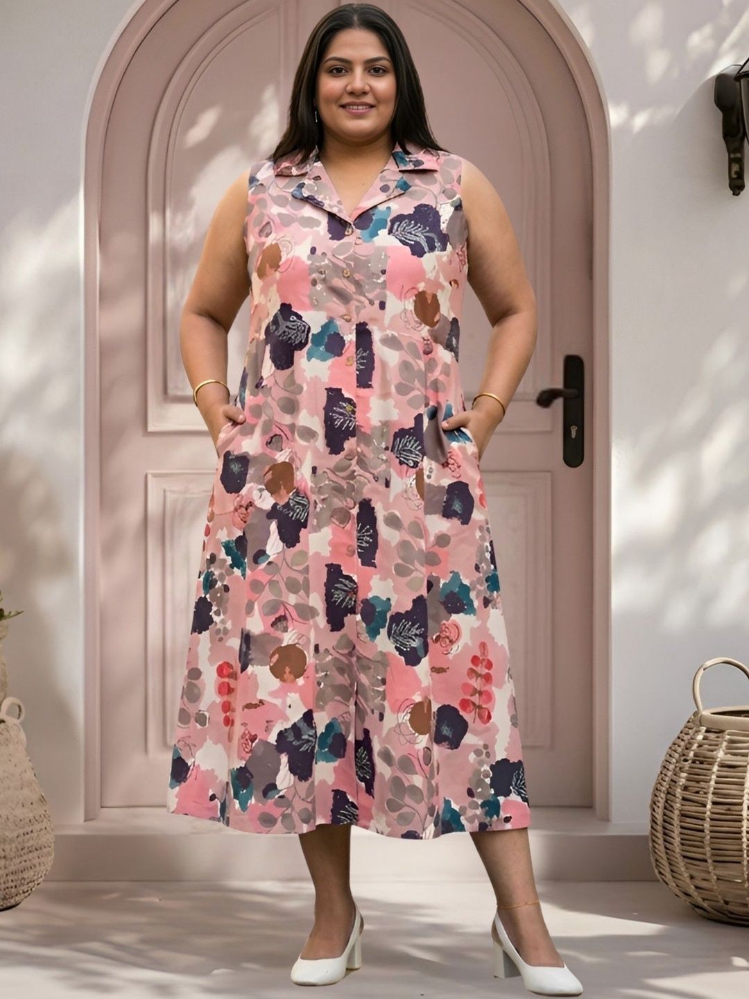 Pink Abstract Print Midi Dress — view 1