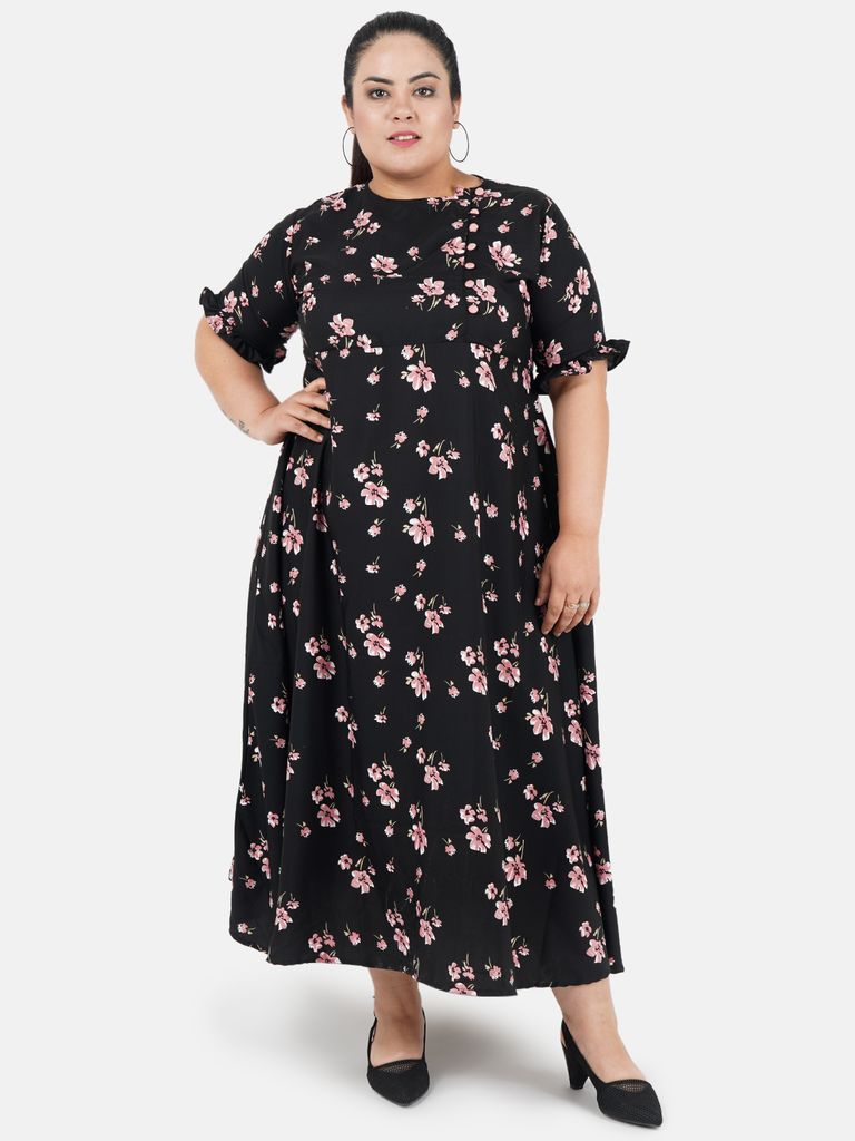 Black and Pink Floral Print Plus Size Dress