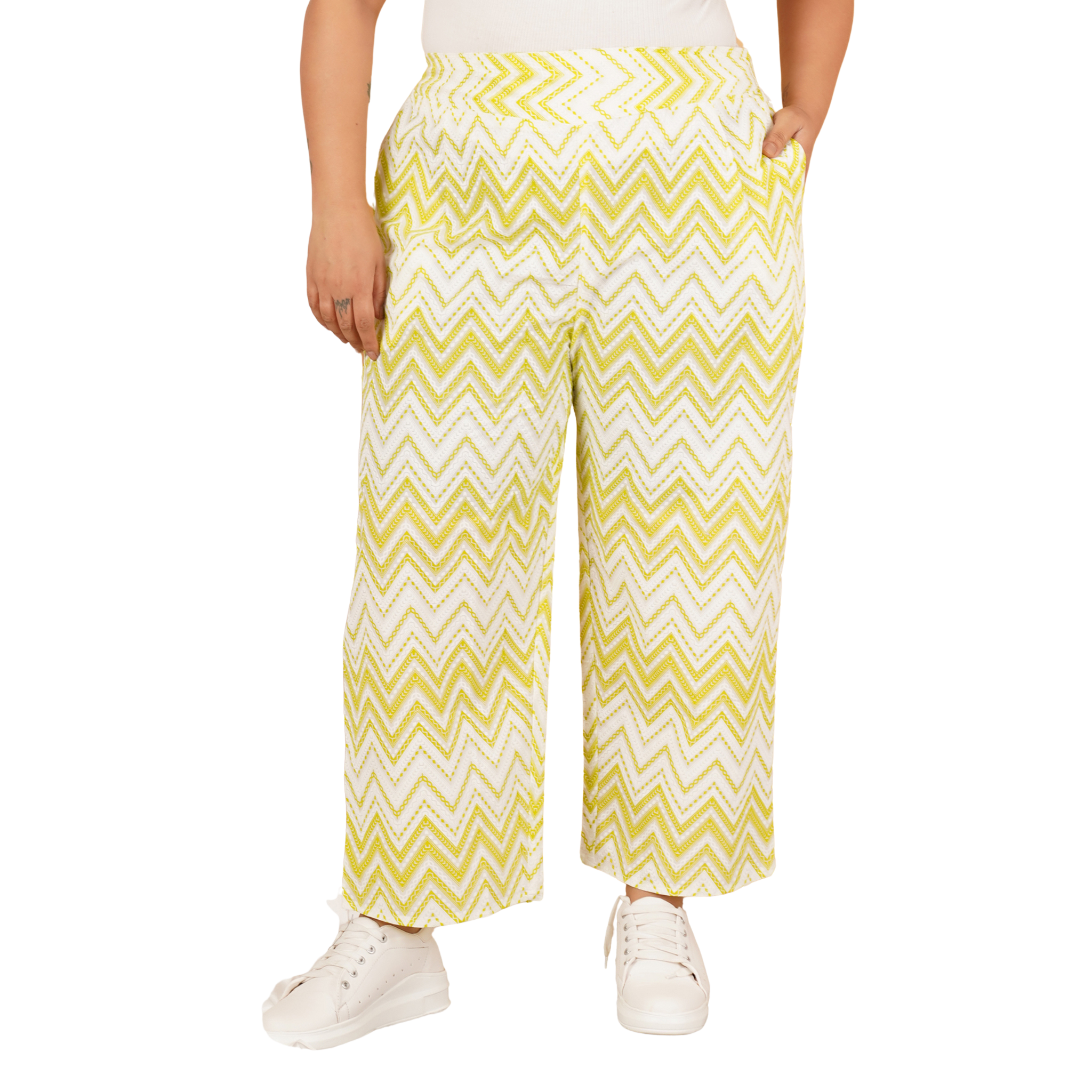 Yellow Stripe Print Plus Size Trouser