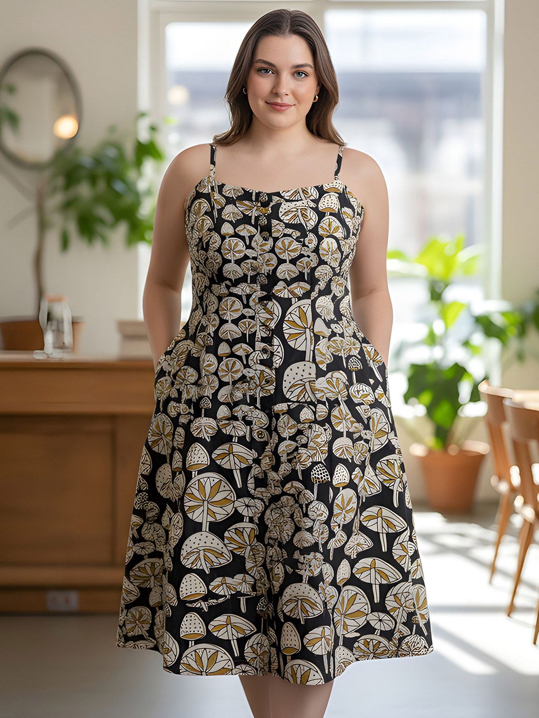 Black Mushroom Print Strap Plus Size Dress — view 1