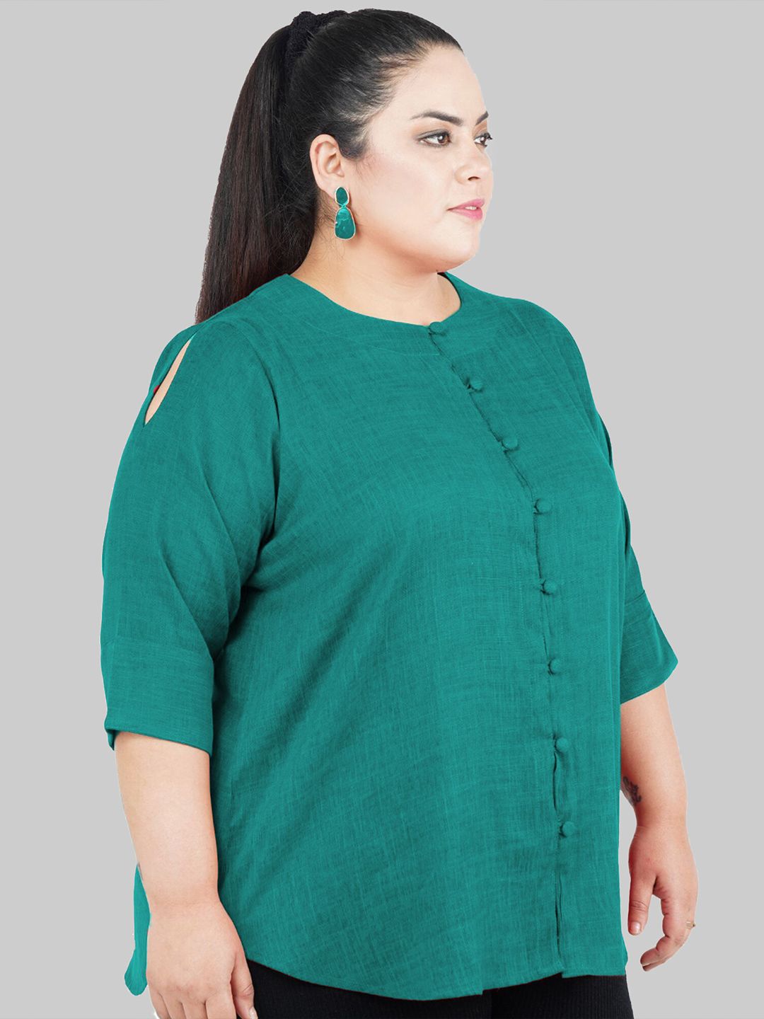 Turquoise Cotton Linen Plus Size Tunic — view 3