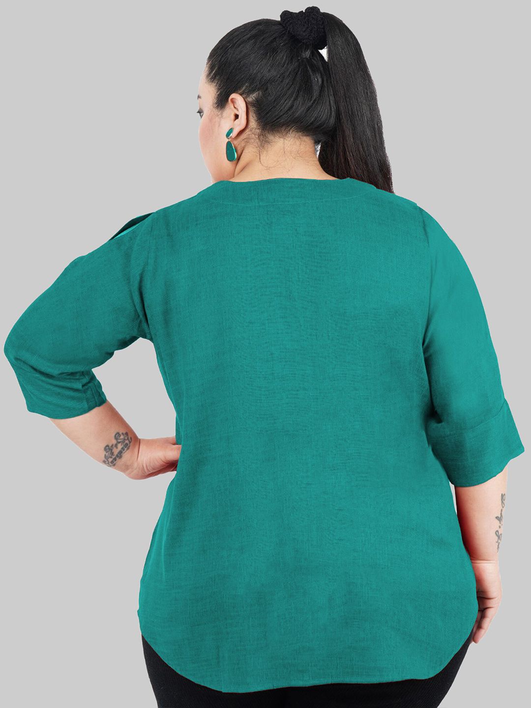 Turquoise Cotton Linen Plus Size Tunic — view 5