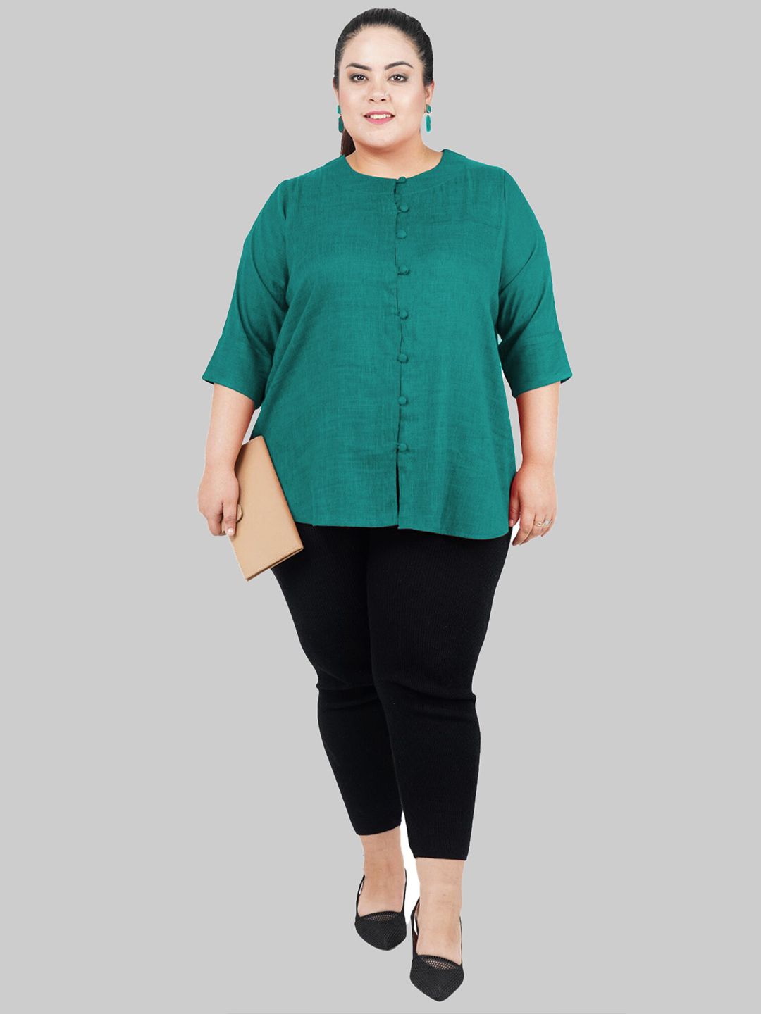 Turquoise Cotton Linen Plus Size Tunic — view 6