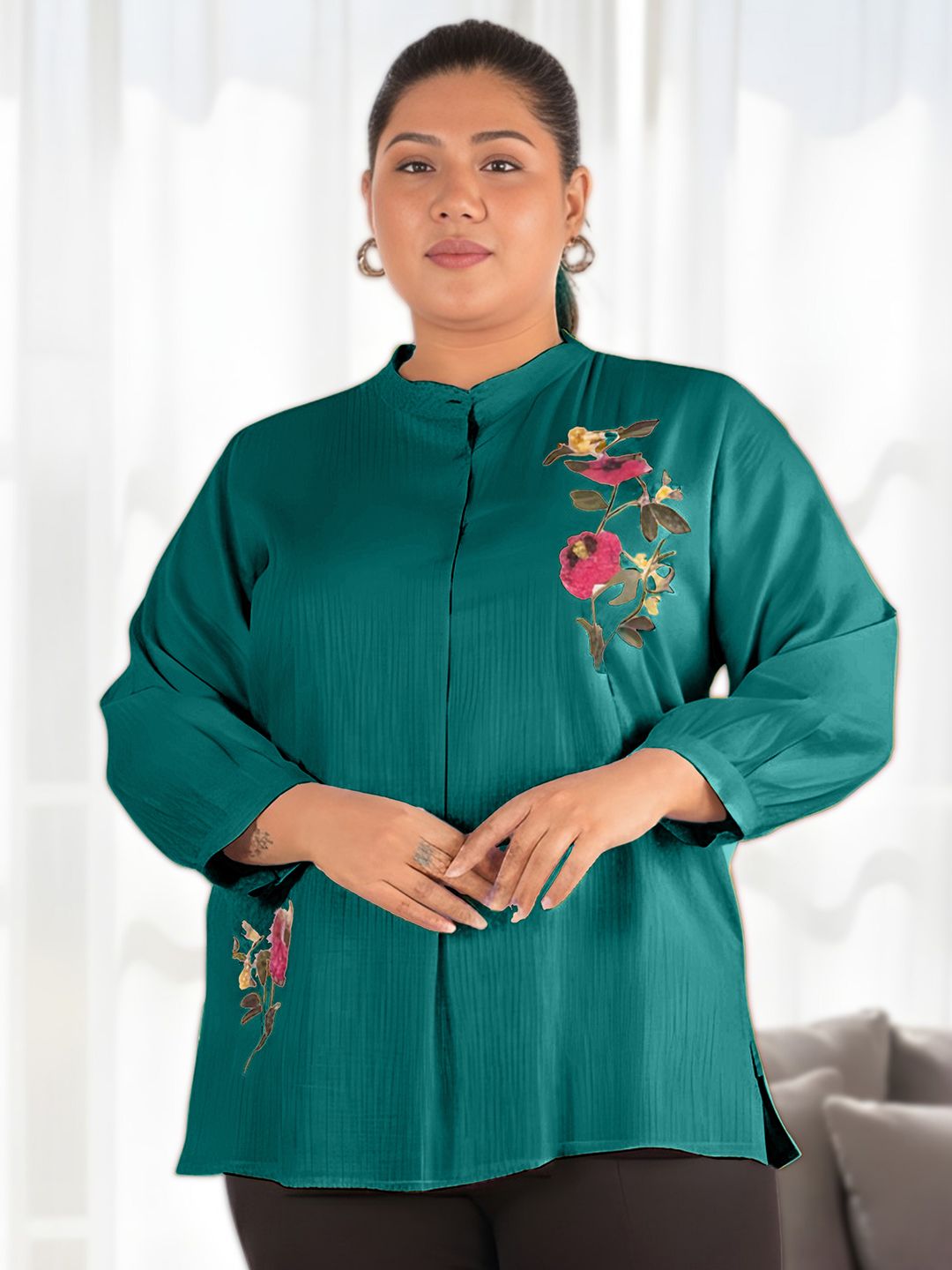 Turquoise Floral Embroidered Plus Size Tunic — view 1