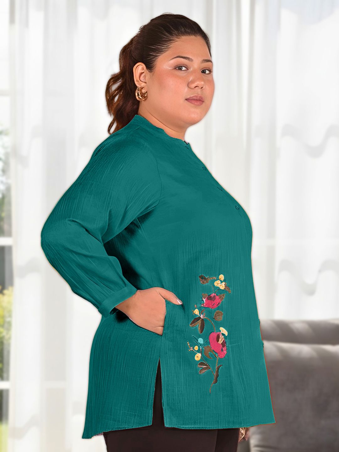 Turquoise Floral Embroidered Plus Size Tunic — view 2