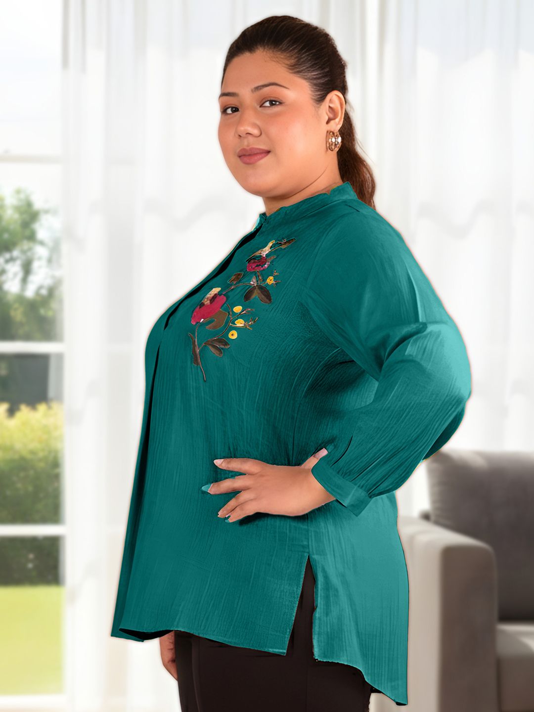 Turquoise Floral Embroidered Plus Size Tunic — view 3