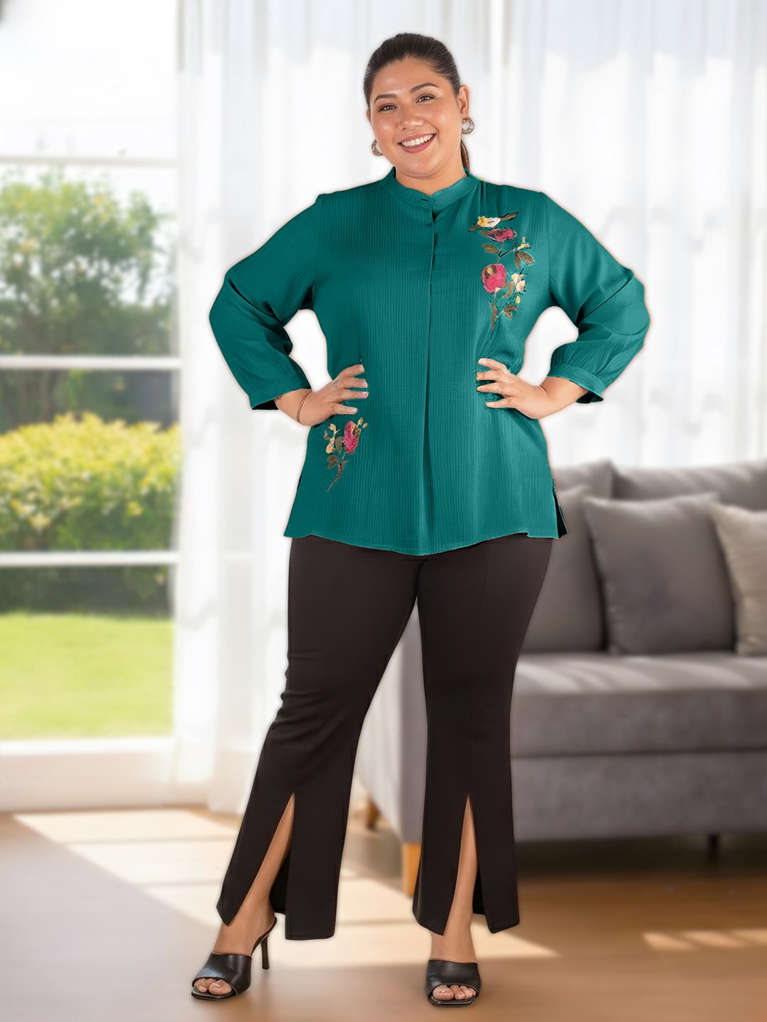 Turquoise Floral Embroidered Plus Size Tunic — view 5
