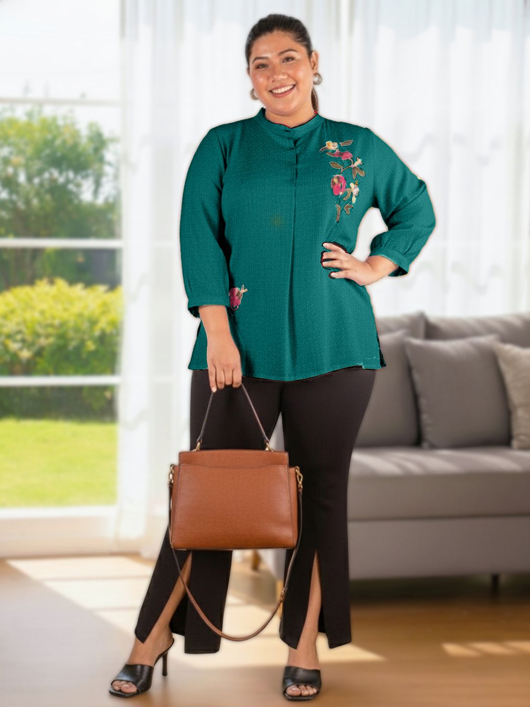 Turquoise Floral Embroidered Plus Size Tunic — view 6