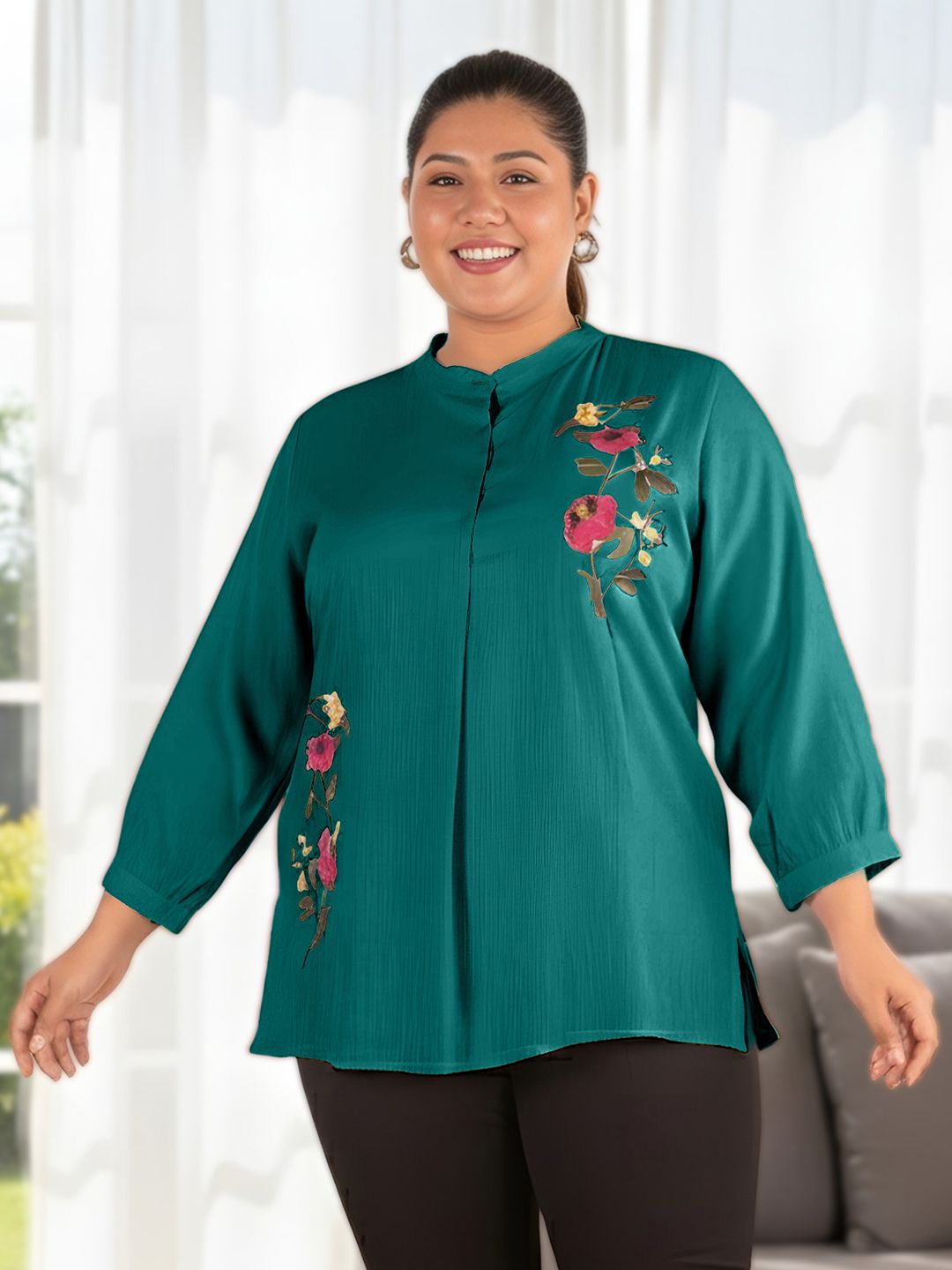 Turquoise Floral Embroidered Plus Size Tunic — view 7