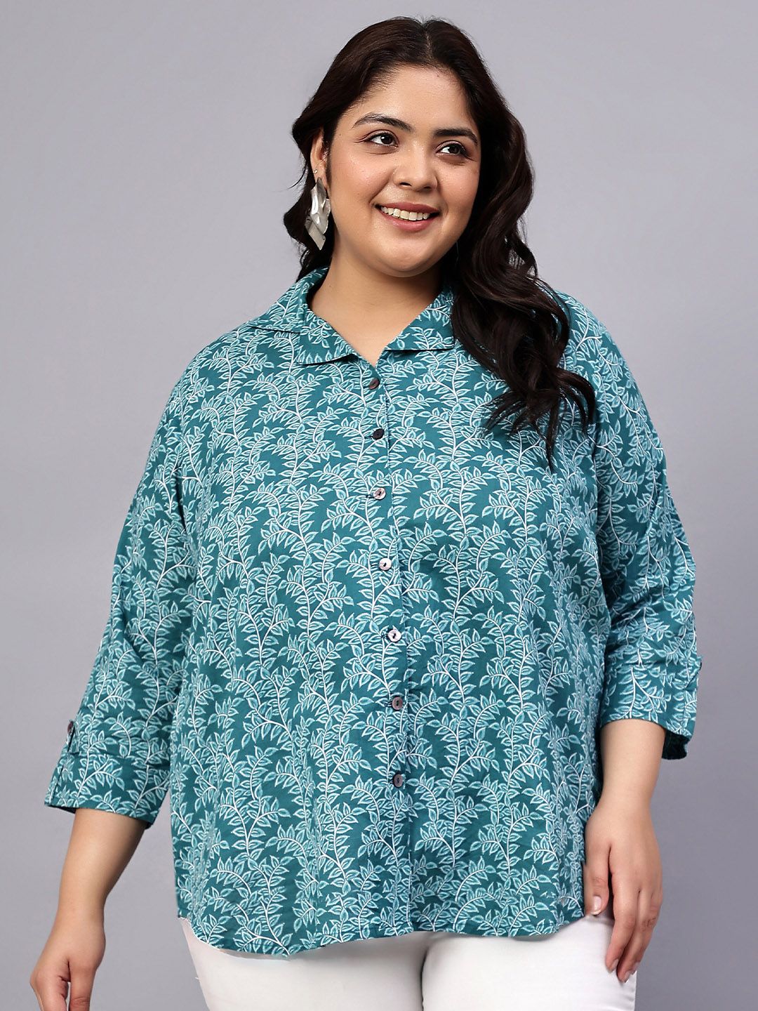 Turquoise Leaf Print Plus Size Shirt — view 1