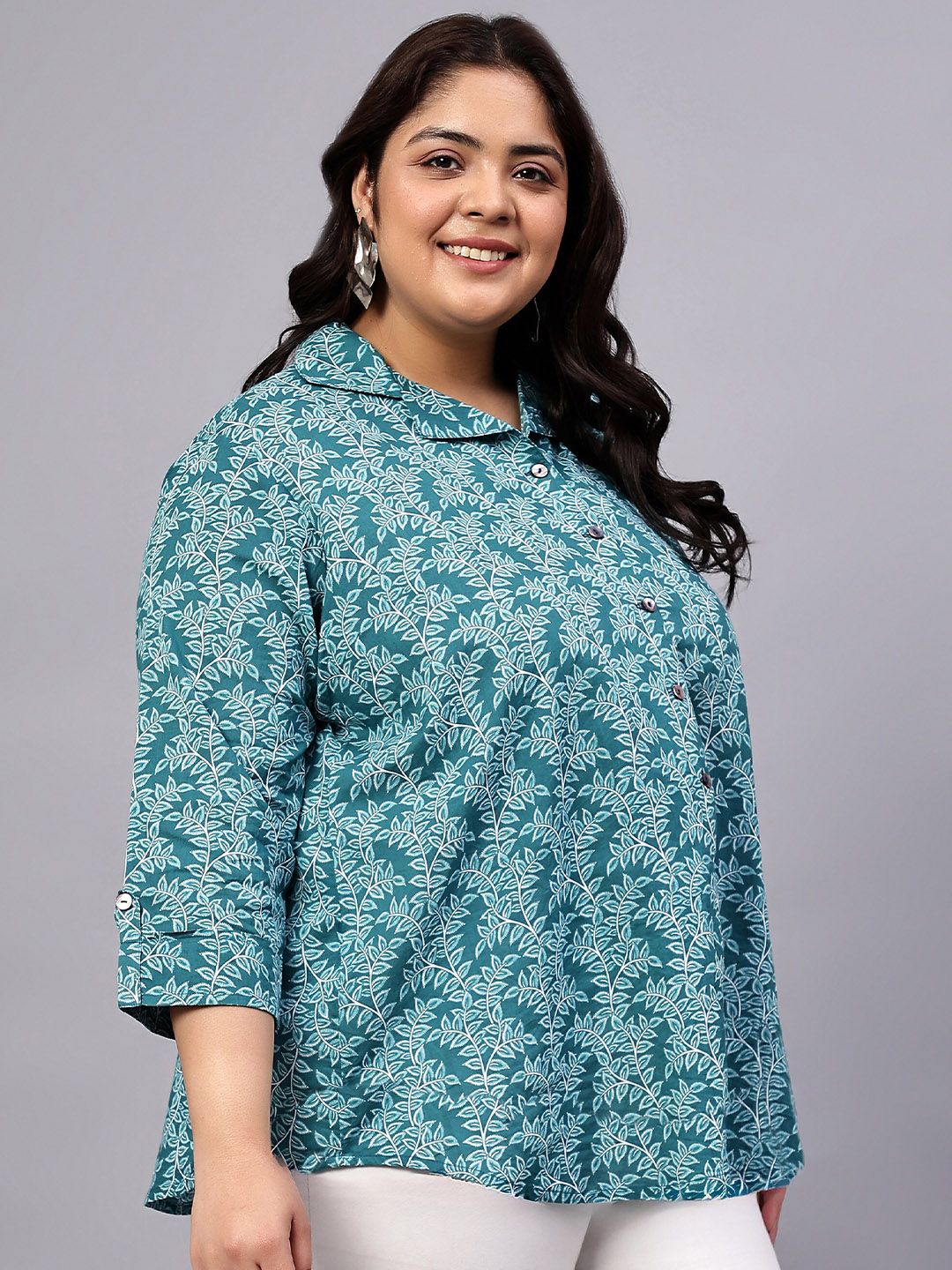 Turquoise Leaf Print Plus Size Shirt — view 3
