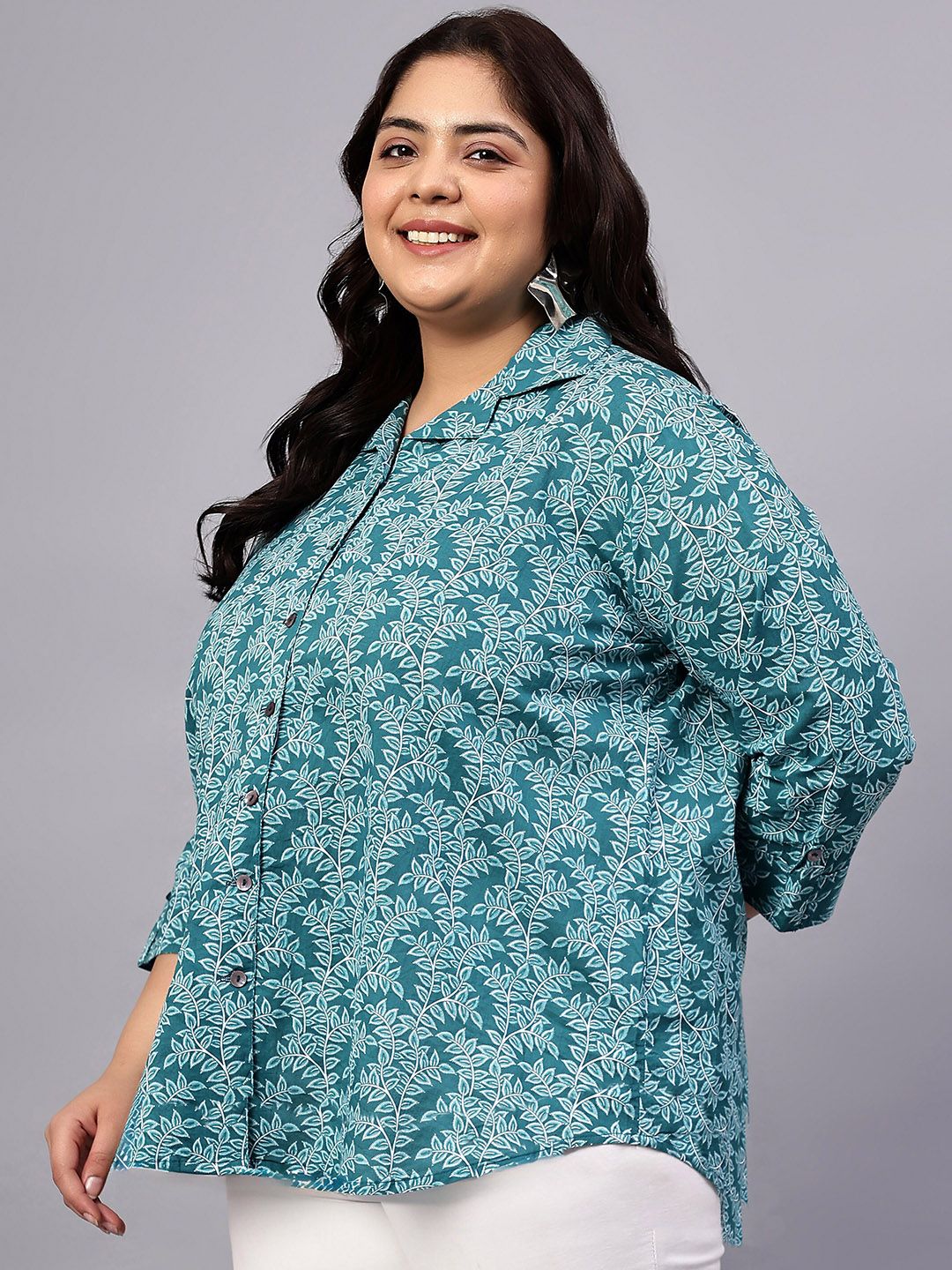 Turquoise Leaf Print Plus Size Shirt — view 4