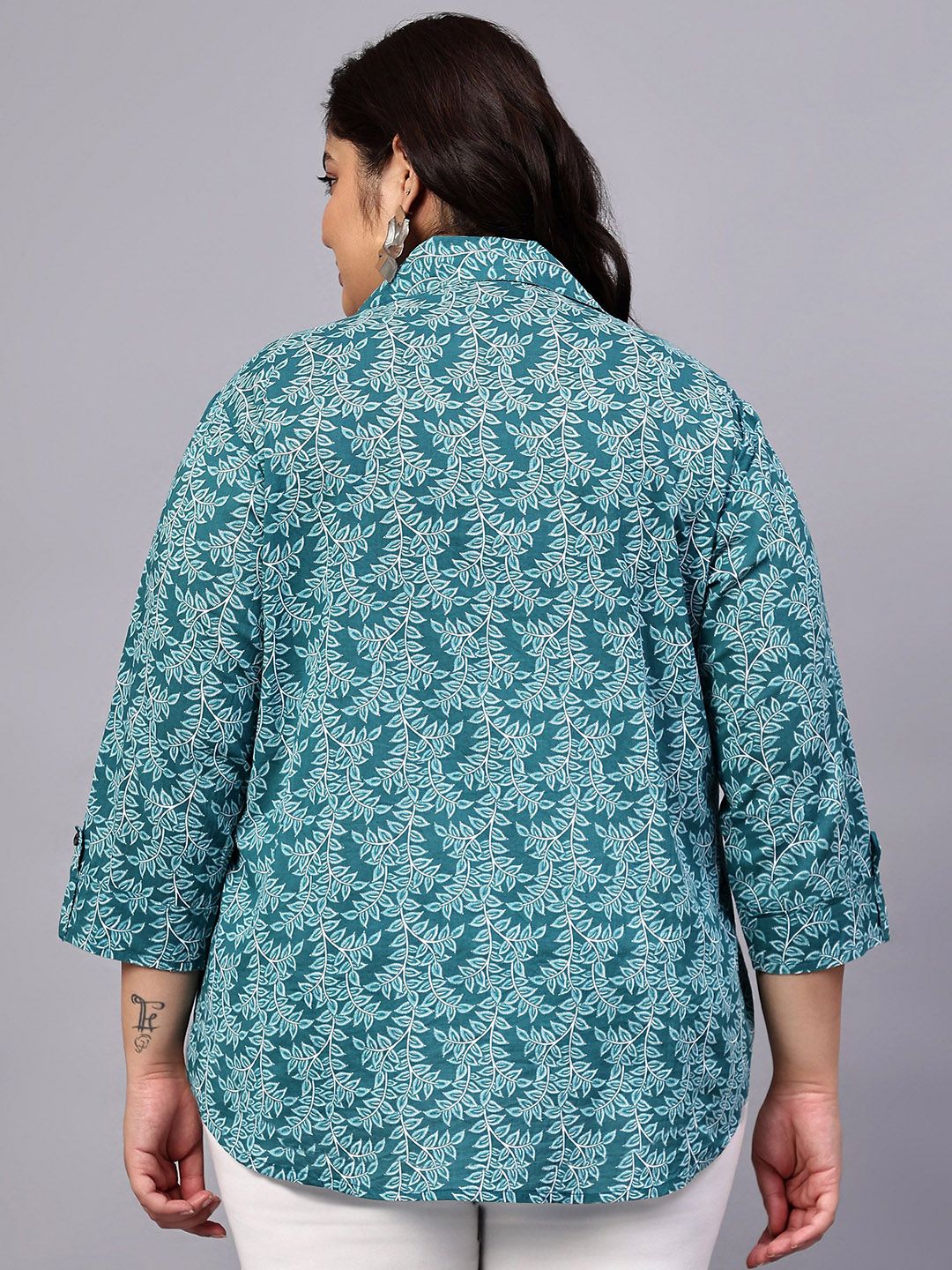 Turquoise Leaf Print Plus Size Shirt — view 5
