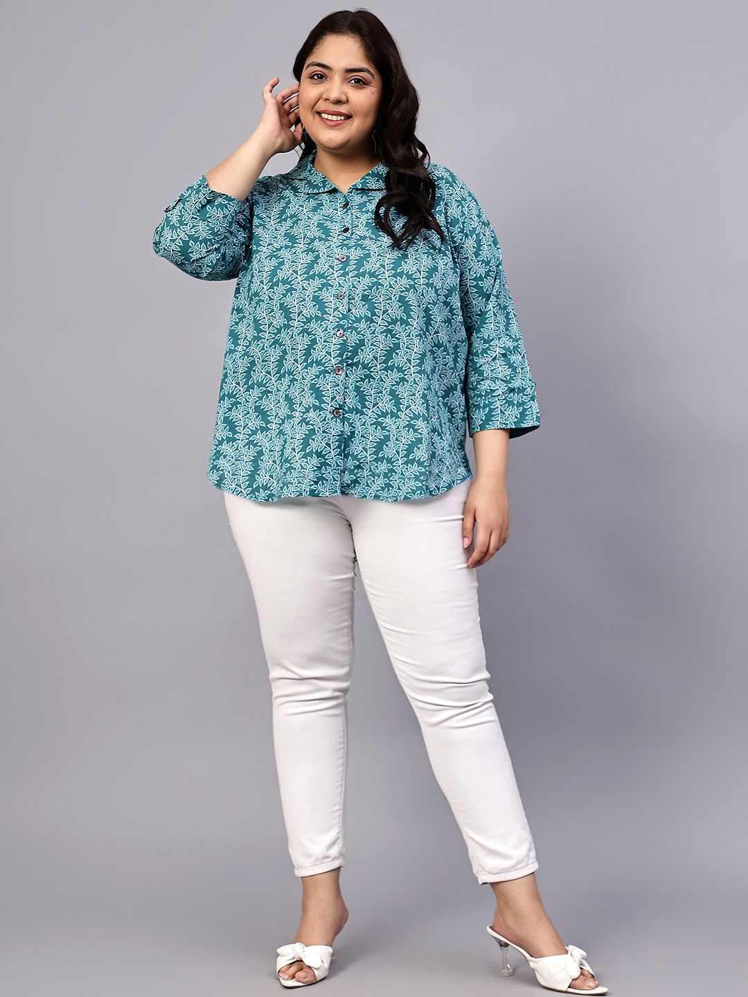 Turquoise Leaf Print Plus Size Shirt — view 6