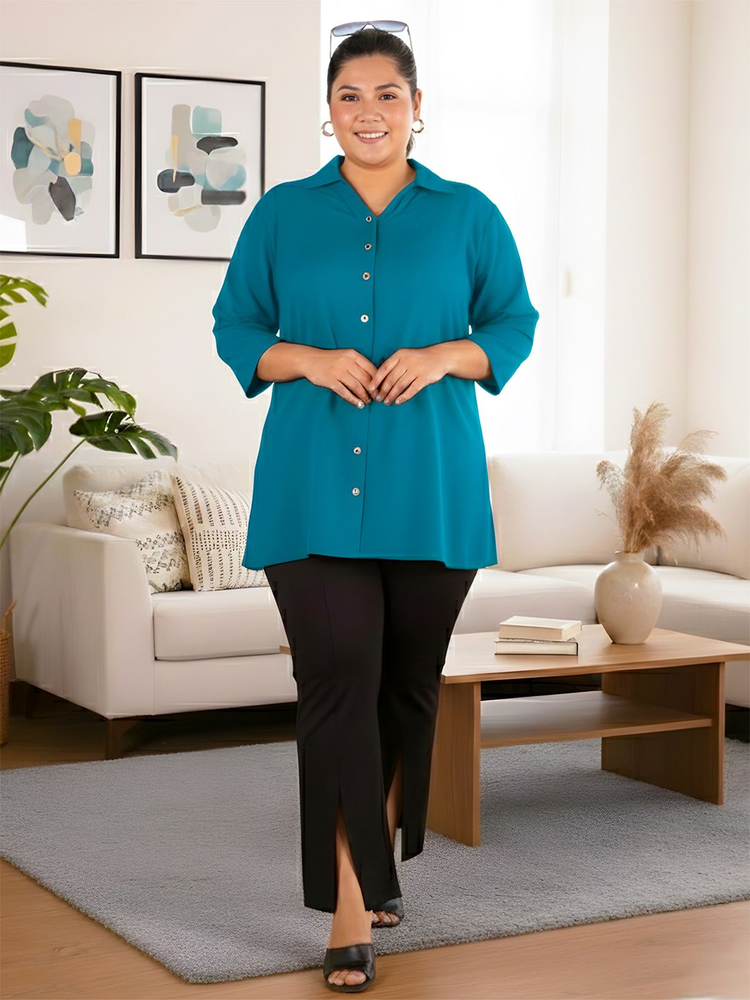 Turquoise Longline Plus Size Shirt — view 1