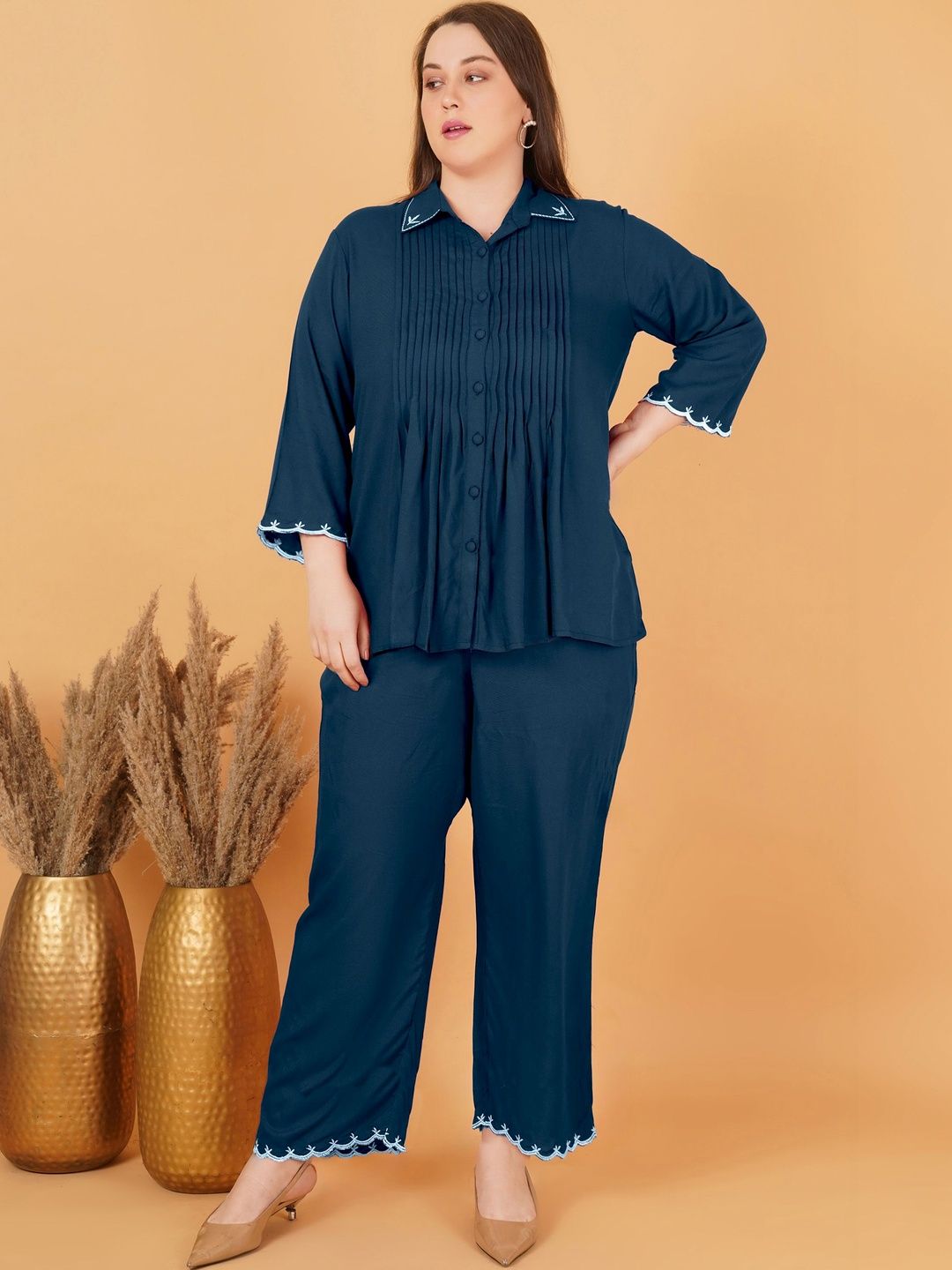 Peacock Blue Rayon Collar Embroidered Co Ord Set — view 1