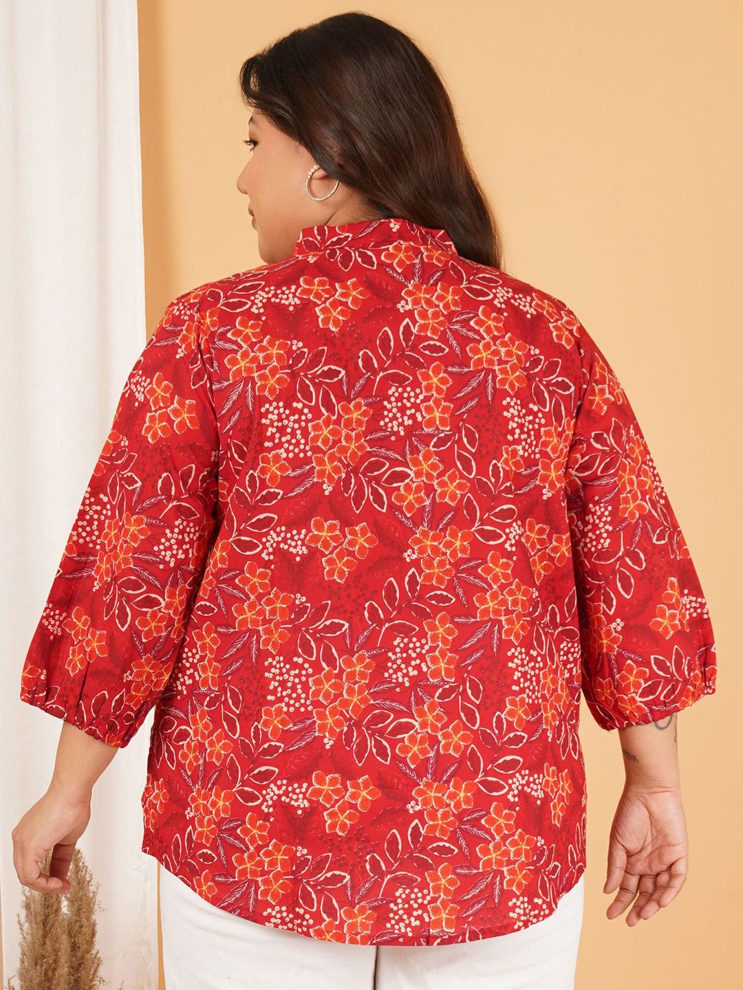 Red Floral Print Plus Size Lace Shirt — view 5