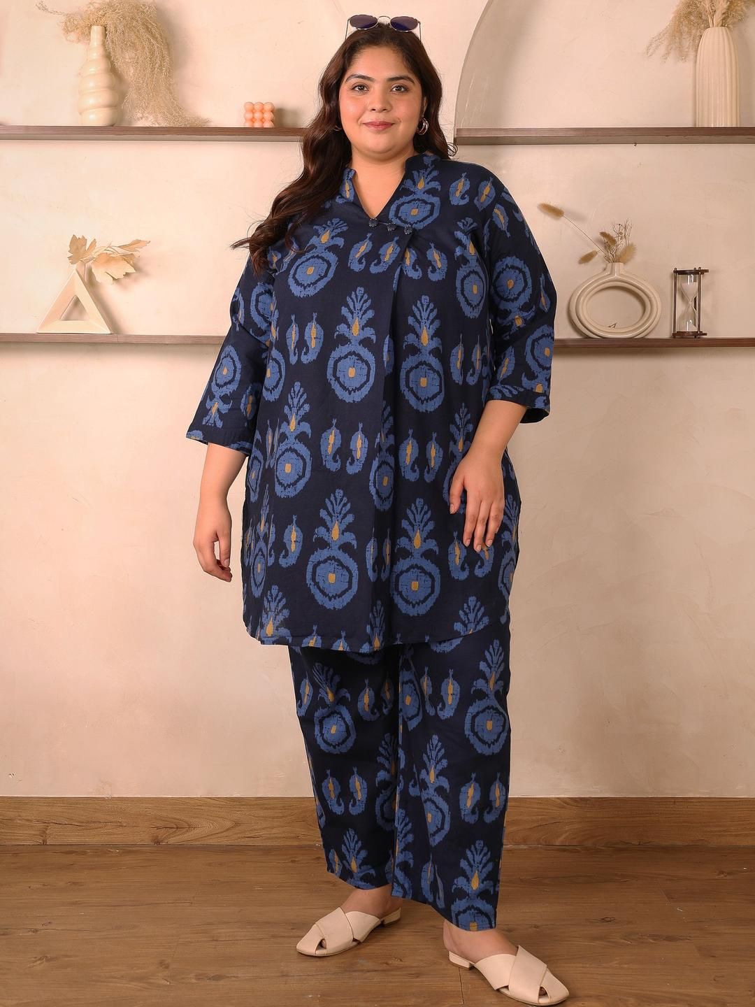 Indigo Blue Cotton Print Plus Size Co Ord Set — view 7