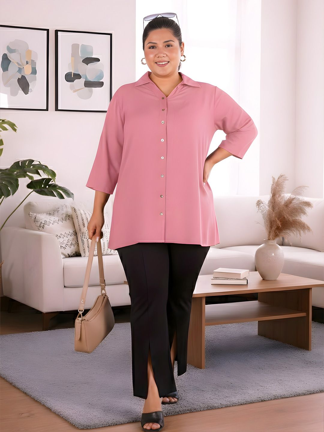 Pink Longline Plus Size Shirt — view 7