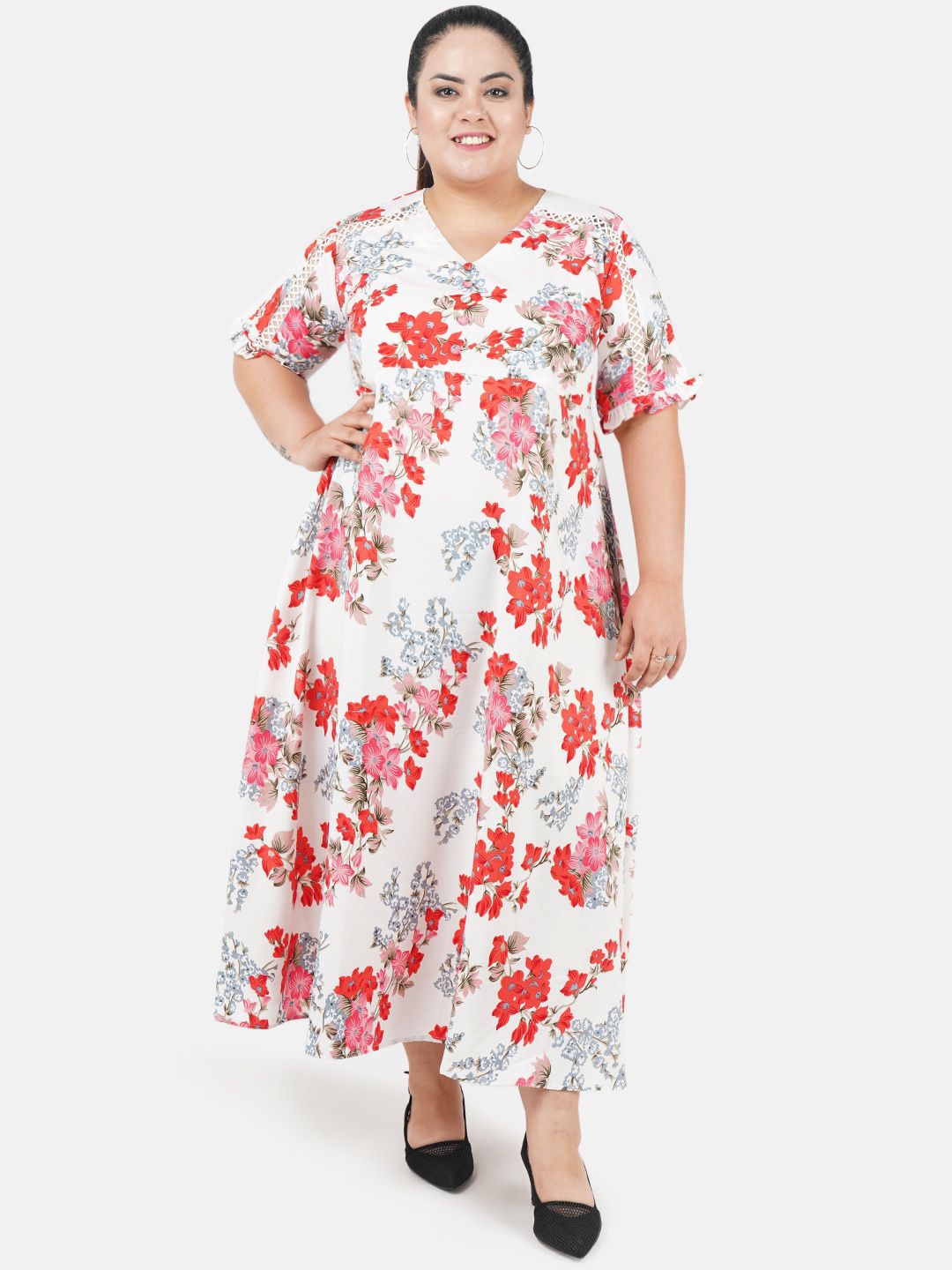 White and Red Floral Print Dress — view 1