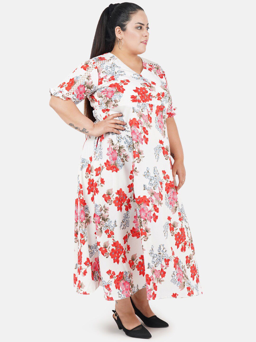 White and Red Floral Print Dress — view 3