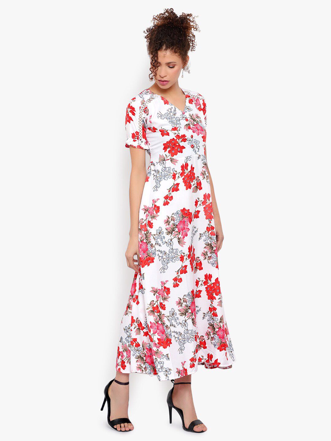 White and Red Floral Print Dress — view 8