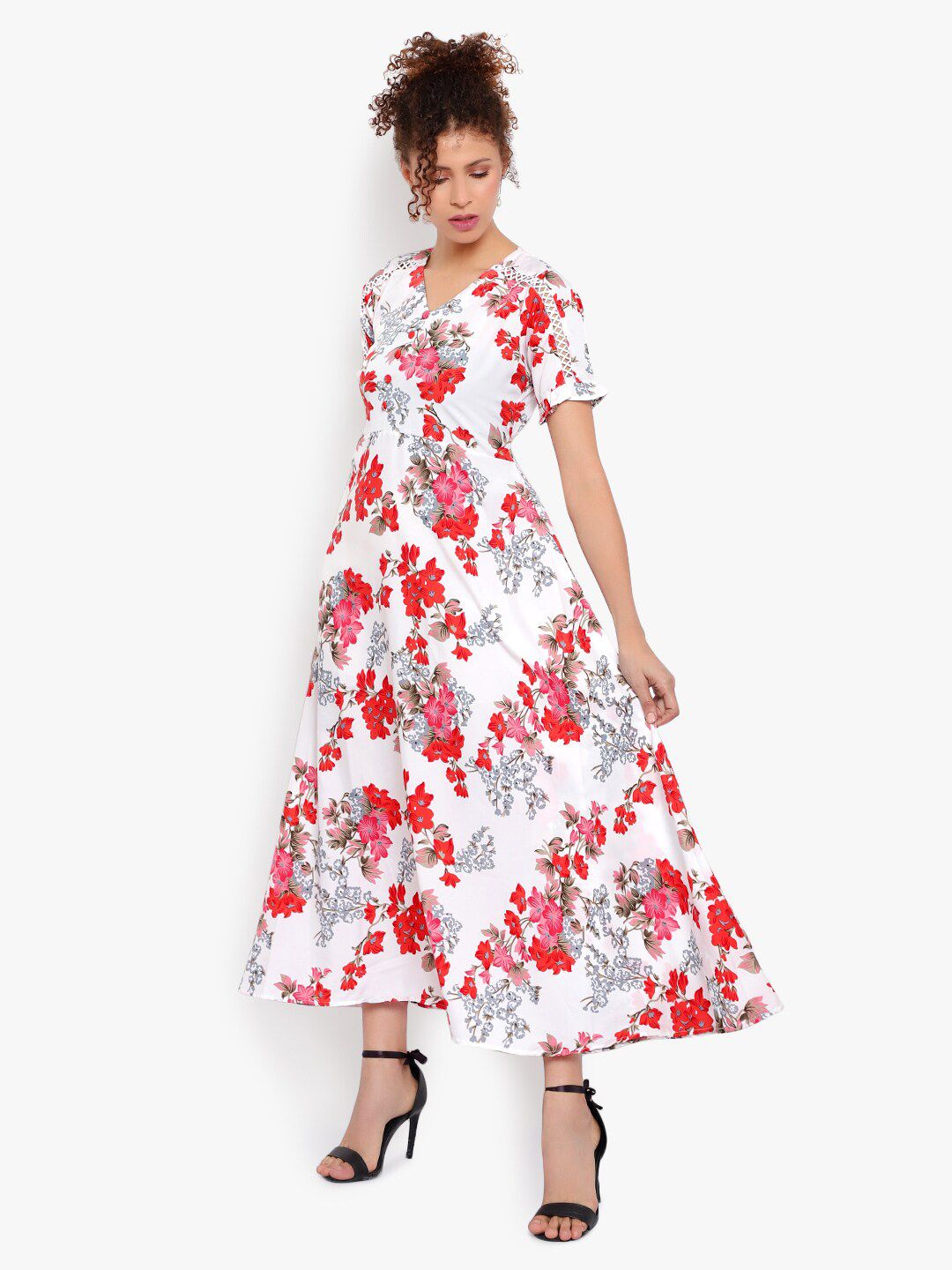 White and Red Floral Print Dress — view 9