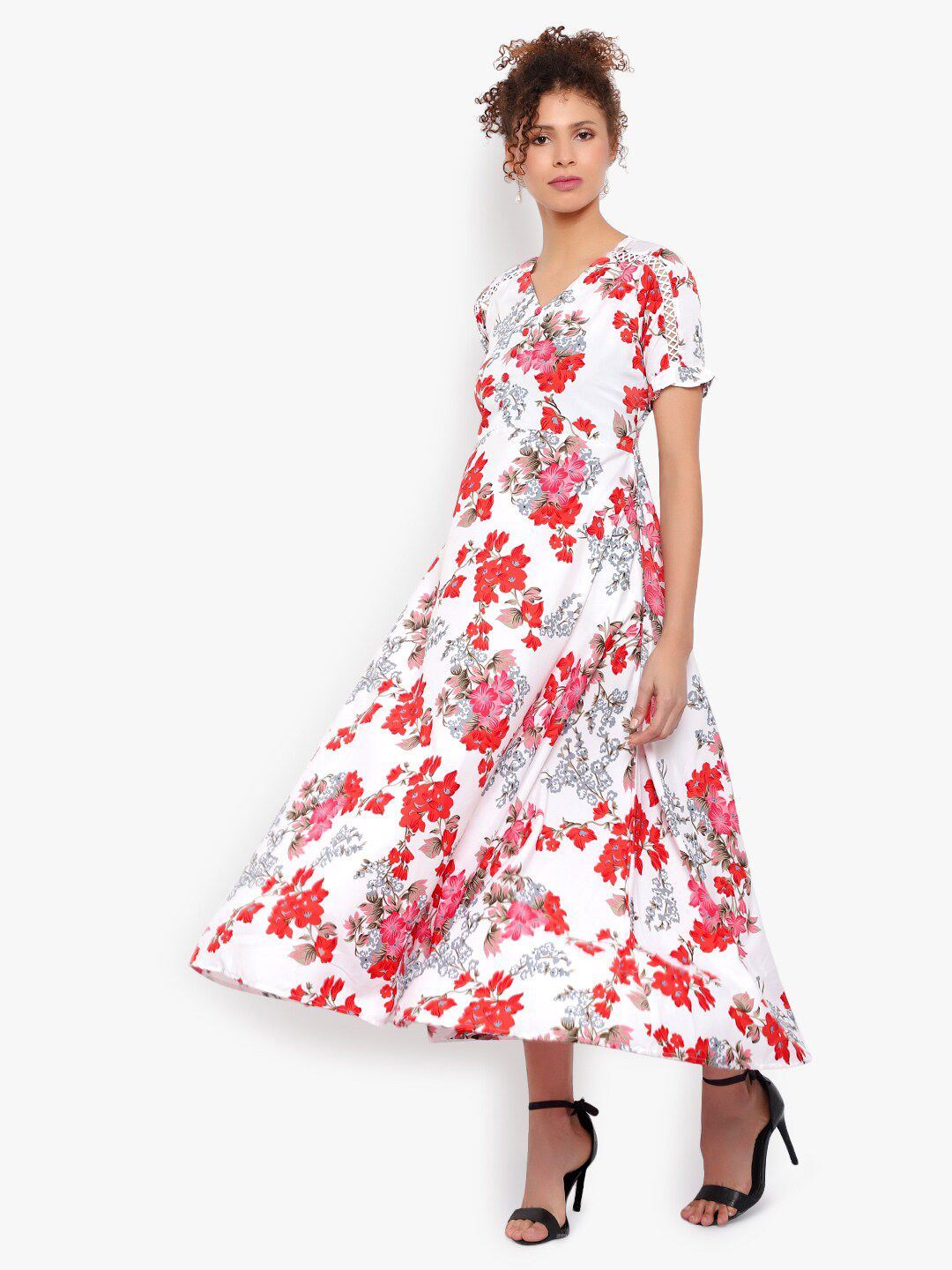 White and Red Floral Print Dress — view 11
