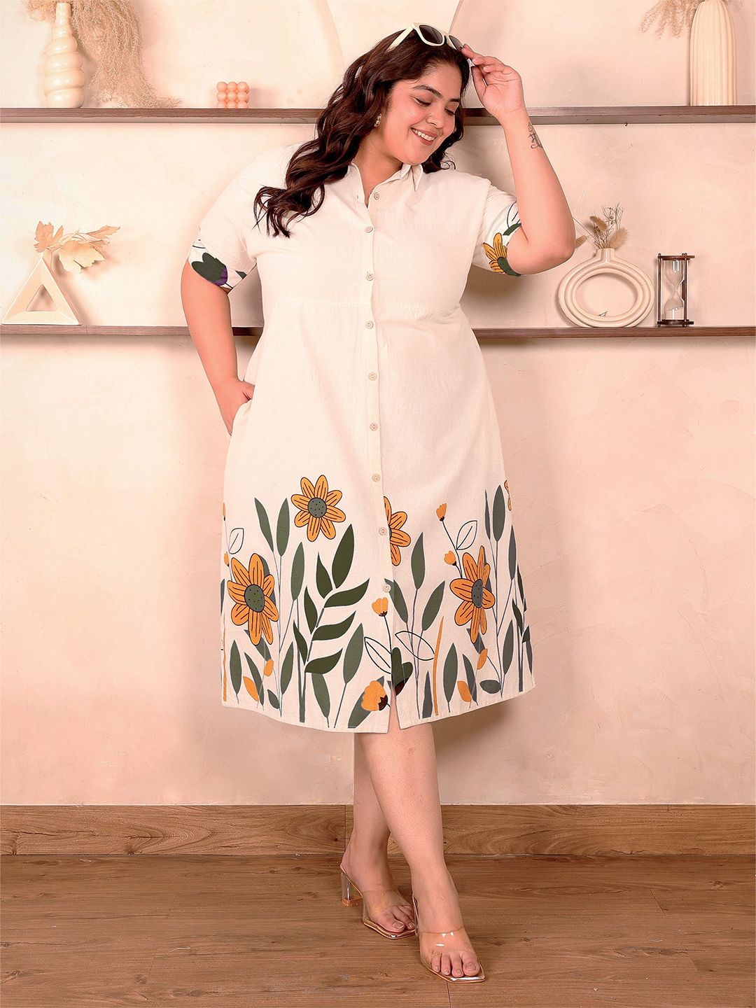OffWhite Green Floral Cotton Midi Dress — view 6