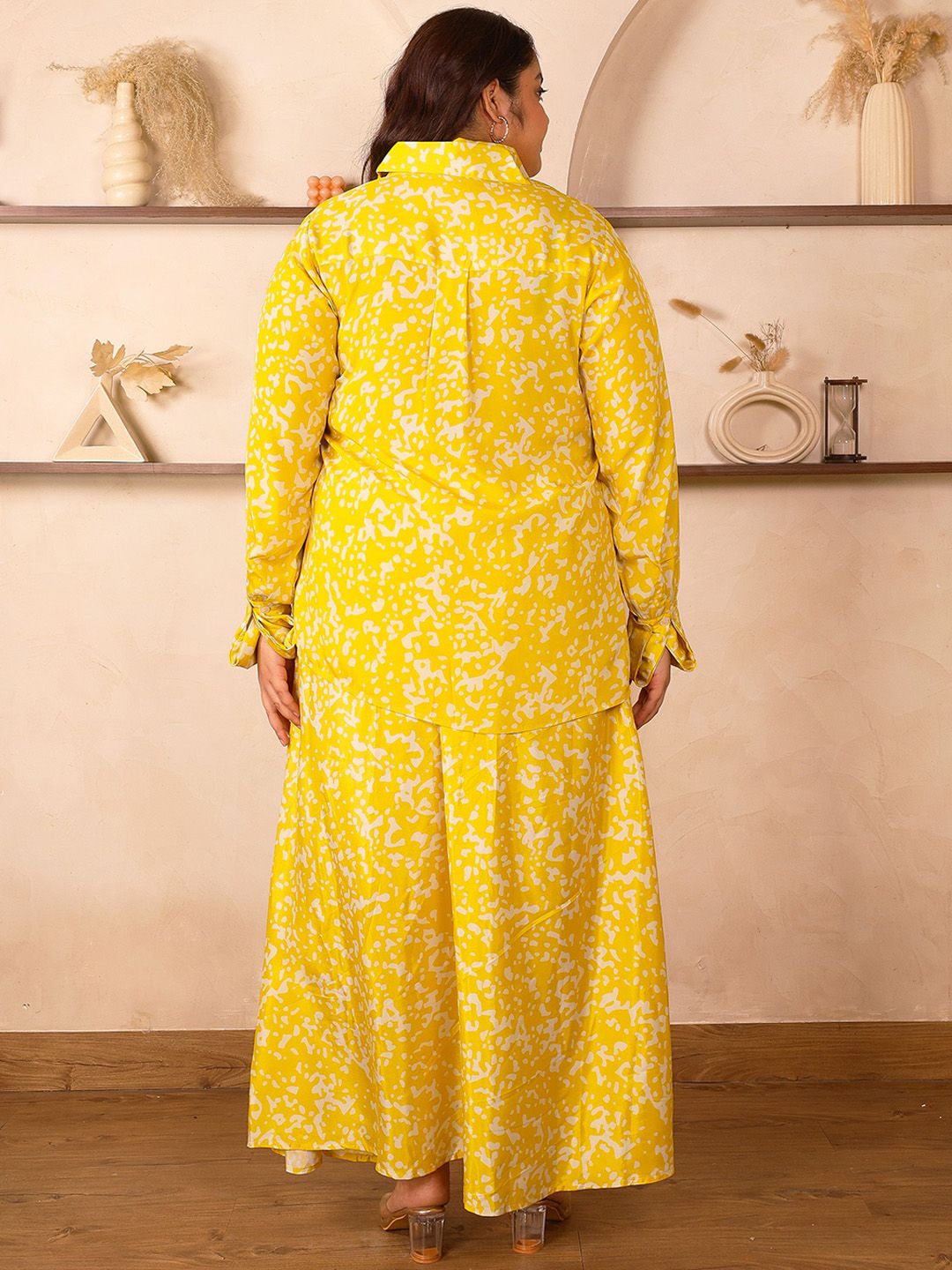 Yellow Satin Print Plus Size Co Ord Set — view 5