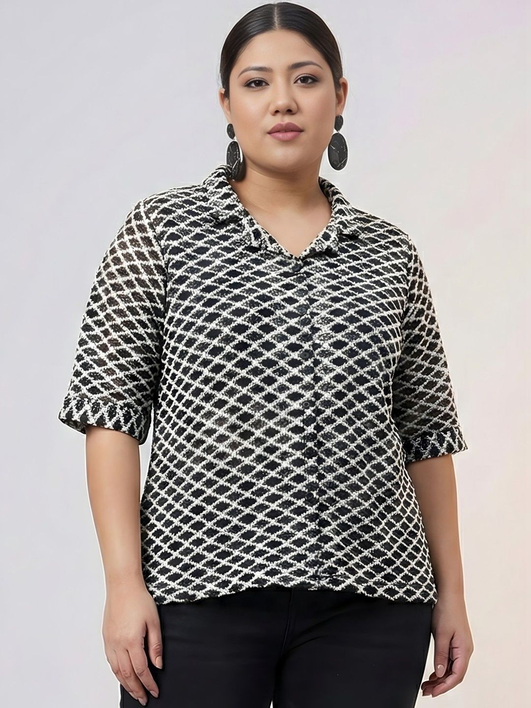 Black And White Diamond Crochet Shirt — view 1