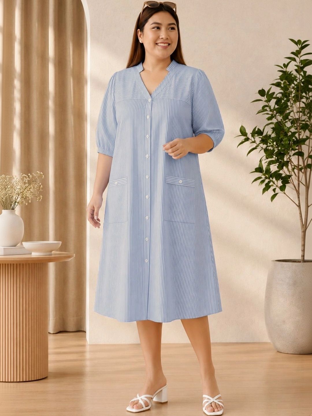 Blue Stripe Print Linen Midi Dress — view 1