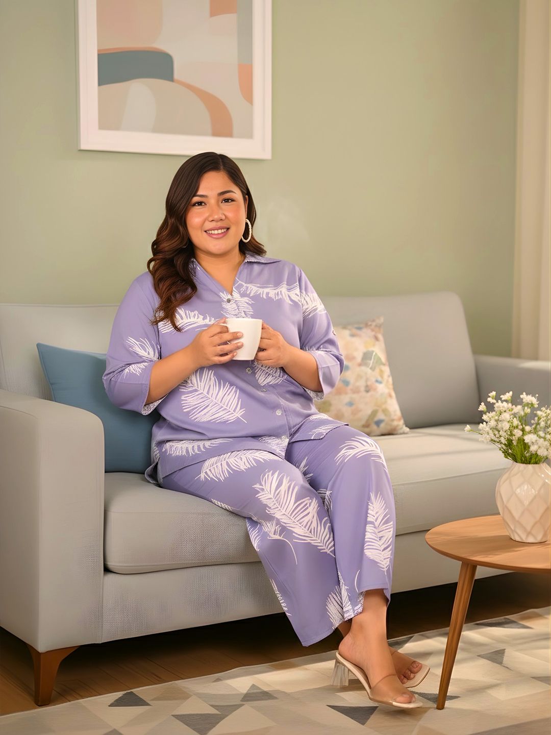Blue Leaf Print Plus Size Co-Ord Set — view 7