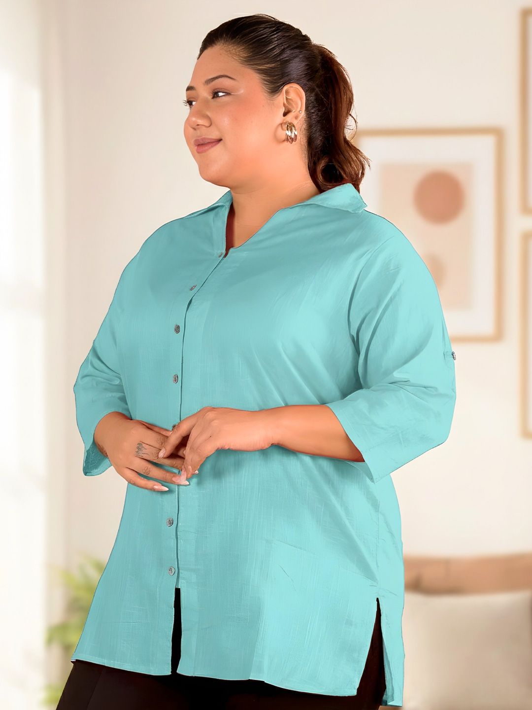 Blue Cotton Longline Plus Size Shirt — view 4