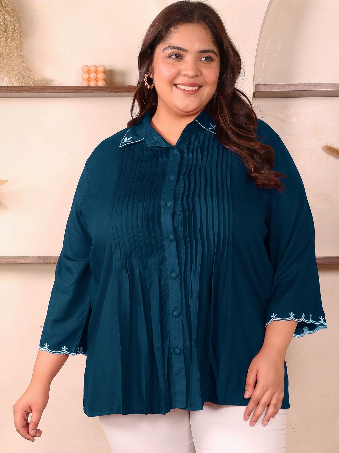 Peacock Blue Rayon Collar Embroidered Tunic — view 1