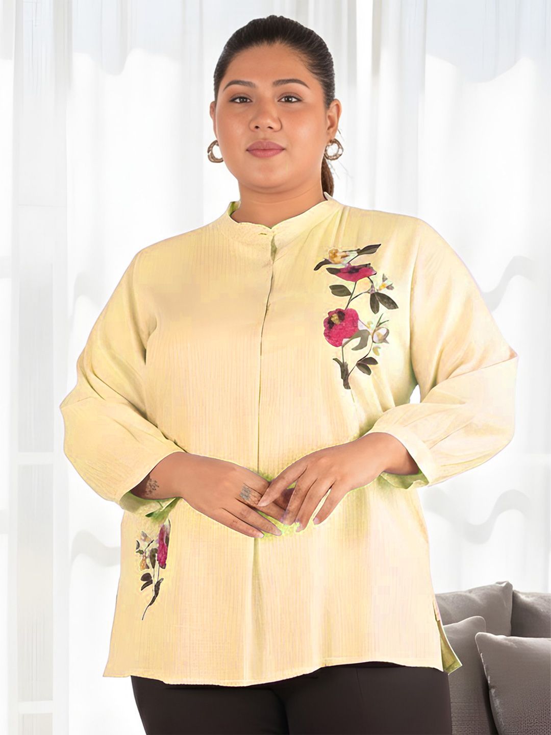 Yellow Floral Embroidered Plus Size Tunic — view 1