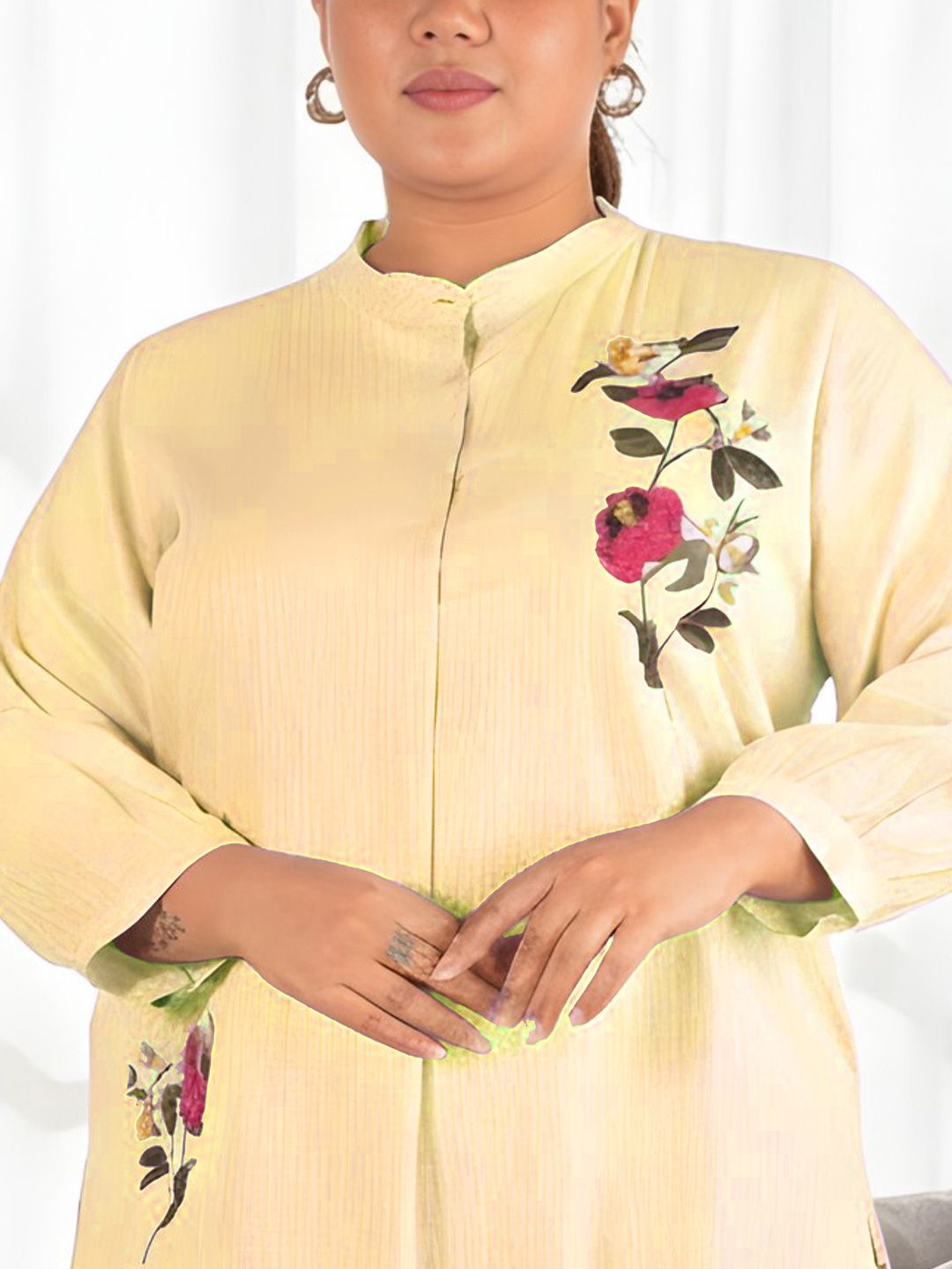 Yellow Floral Embroidered Plus Size Tunic — view 2