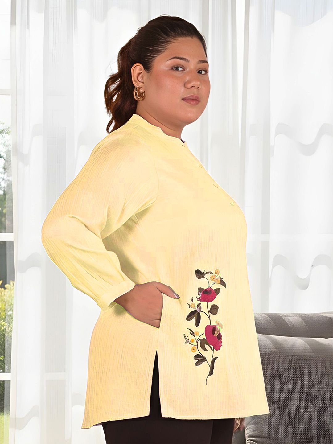 Yellow Floral Embroidered Plus Size Tunic — view 3