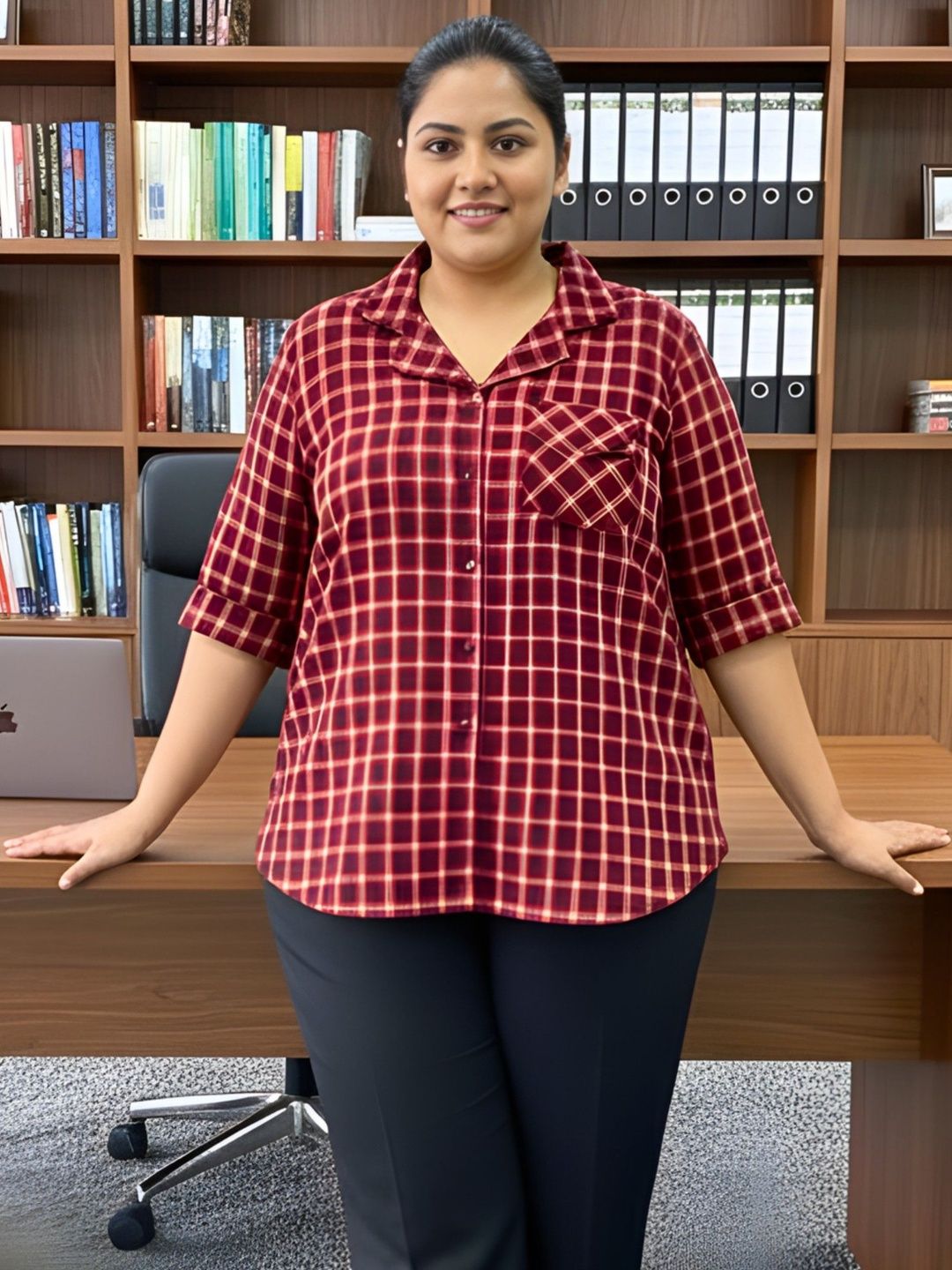 Red Woolen Checkered Plus Size Shirt — view 1