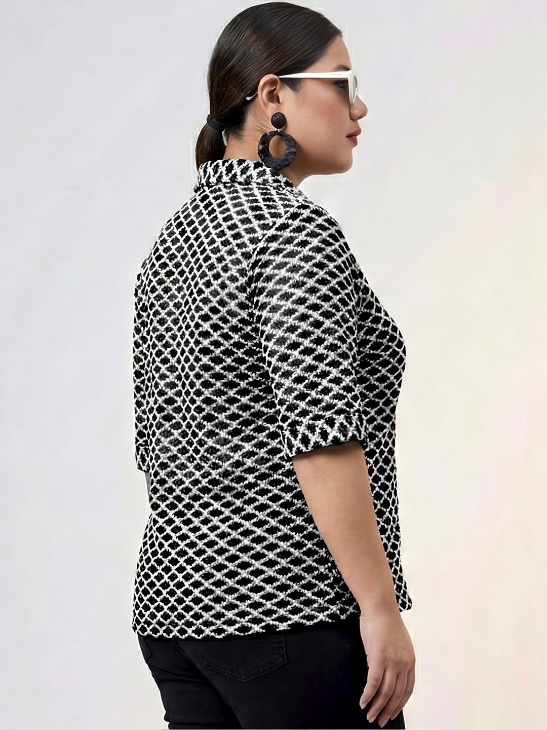 Black And White Diamond Crochet Shirt — view 3