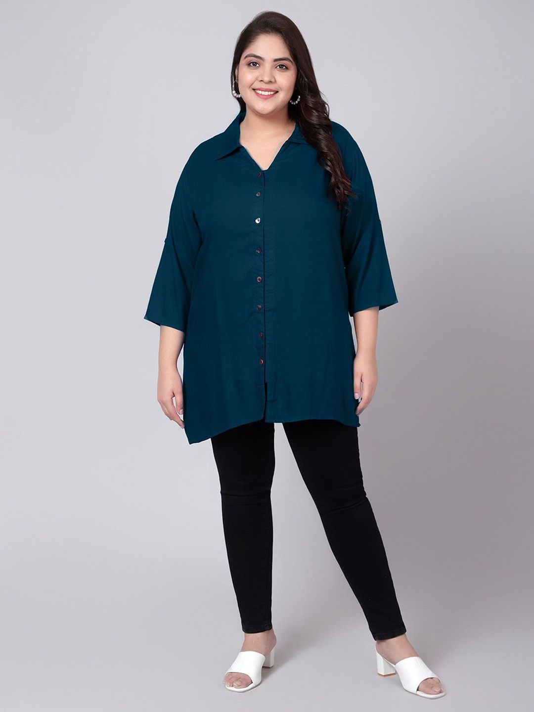 Peacock Blue Longline Plus Size Shirt — view 6